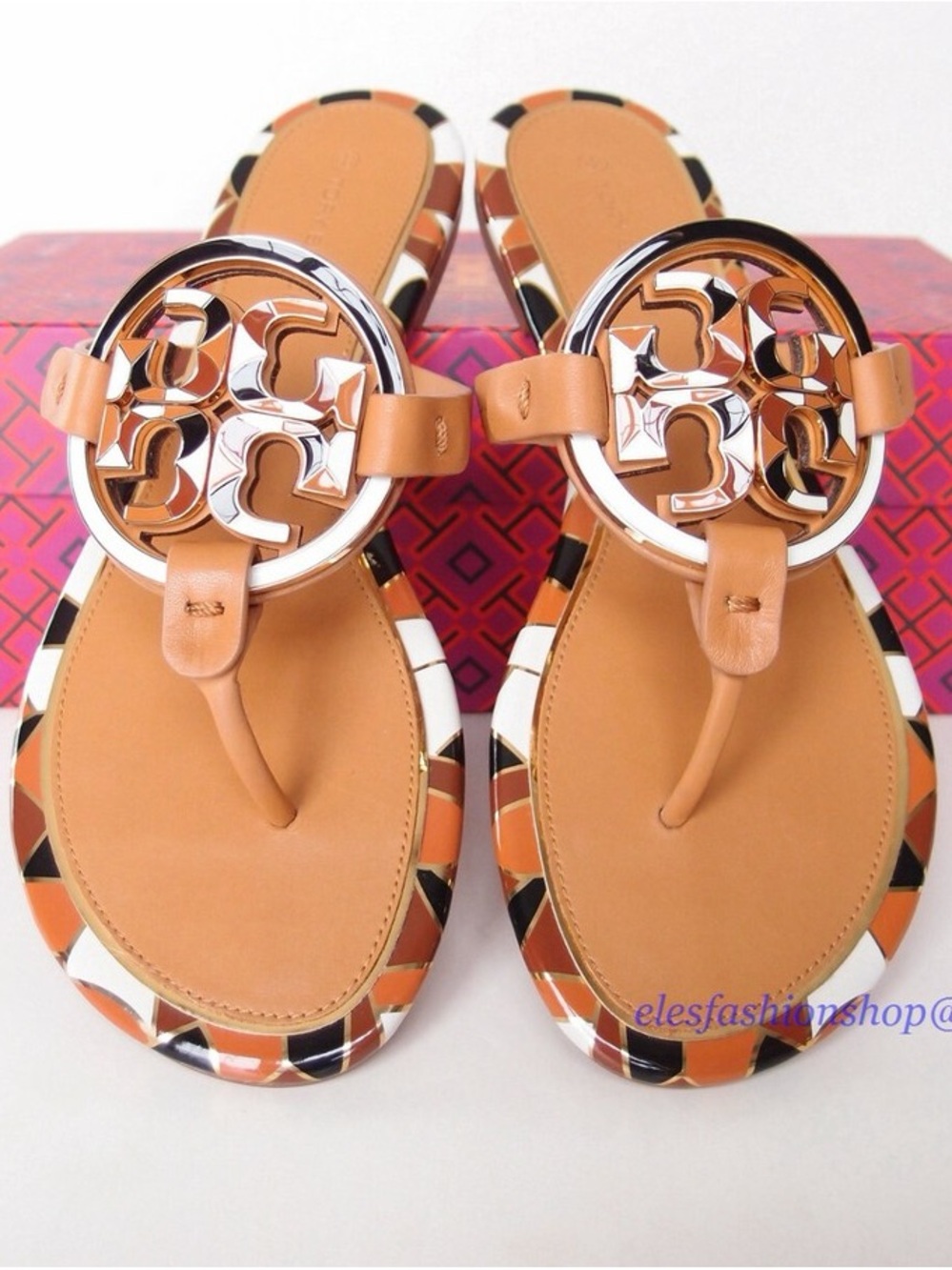 Tory Burch Enamel Miller VegLeather Logo Medallion Thong Sandals